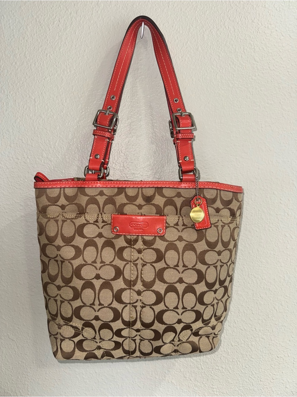Coach Brown Signature Canvas Tote with Red Trim
